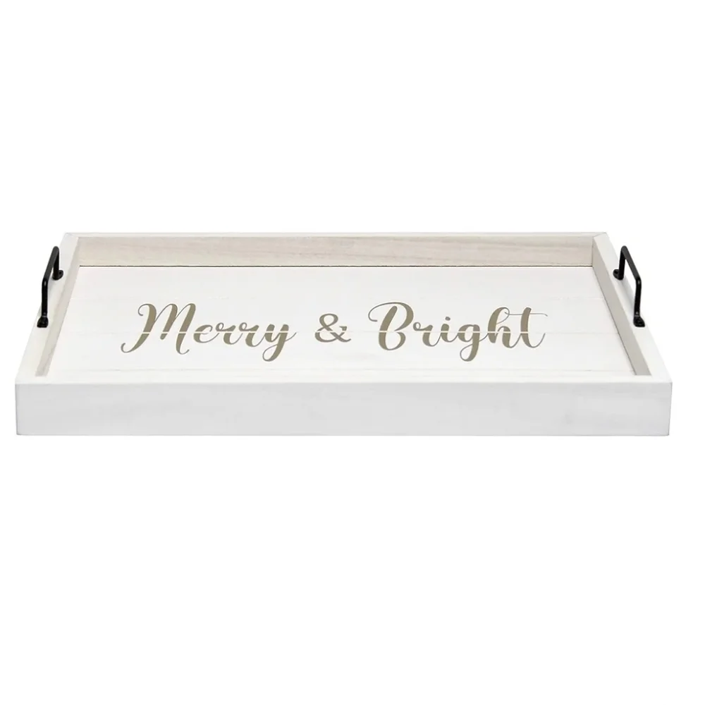 White Tray with Gold 'Merry & Bright' Text